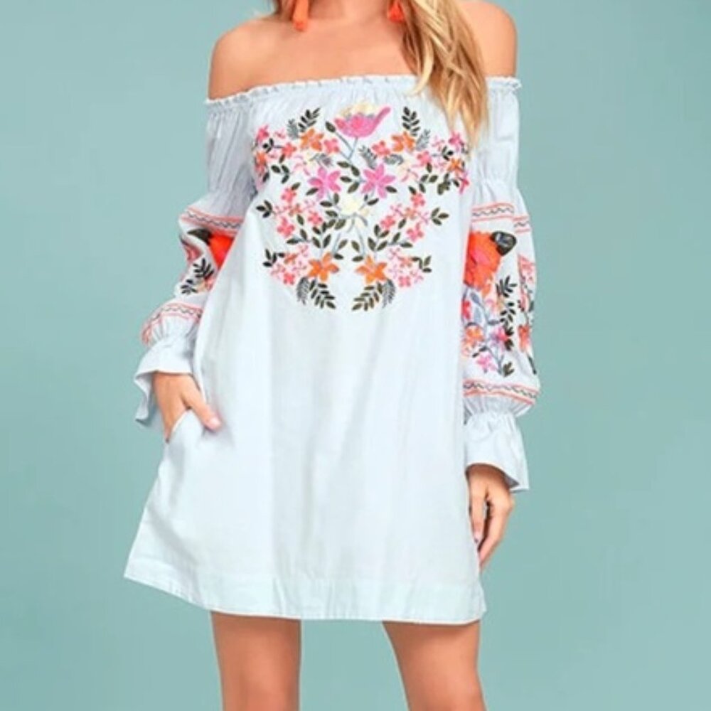 Free People Fleur De Jour Floral Embroidered Dress in Light‎ Blue, Size XS